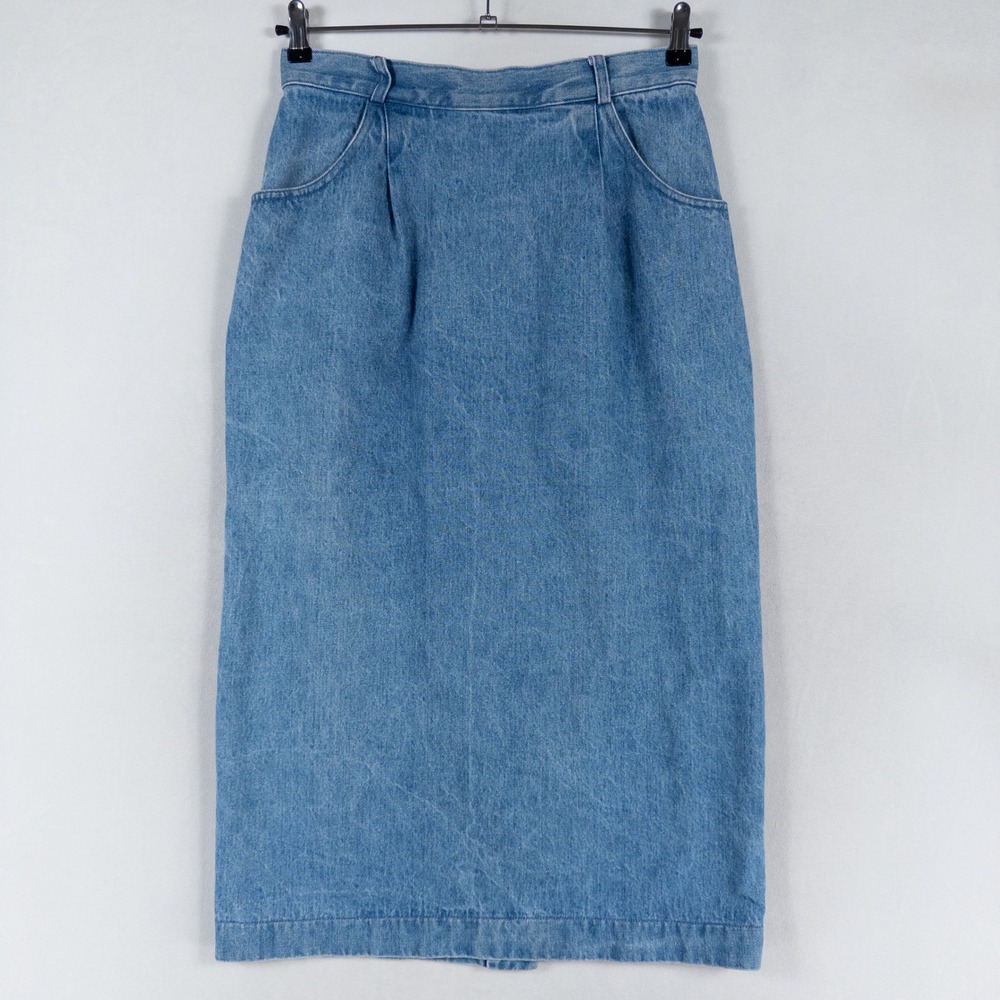 Vintage Willowbend Denim Midi Skirt Women 14 Blue Pleated Cotton Made In USA